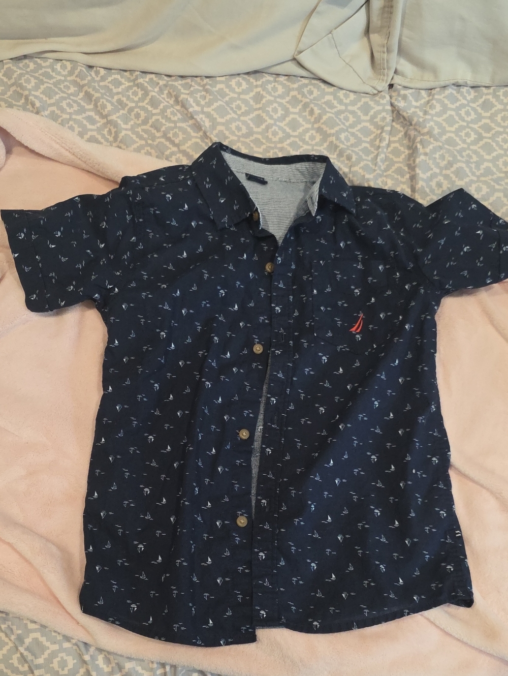 Nautica Navy Short-Sleeve Button-Down with Light Blue Anchor Print